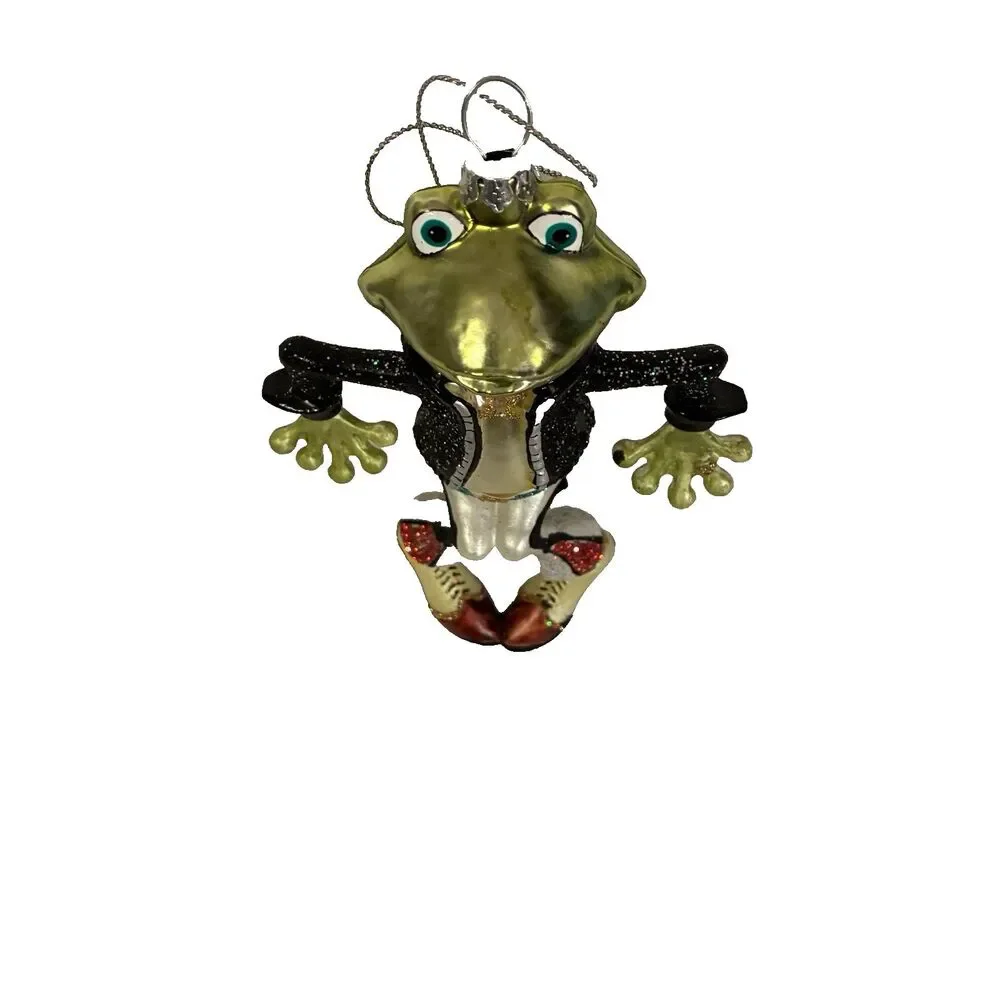 Glass Frog Dancer Christmas Ornament Dressed In Black Jacket, Pants, Shoes 6”
